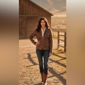 Chico's Faux Leather Brown Metallic Lightweight Jacket Gold Accents Women Size 1